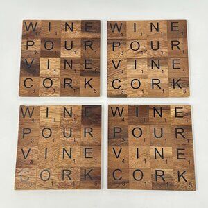 Wooden Letter Tile Drink Coasters Wine Lovers Rustic Set of 4